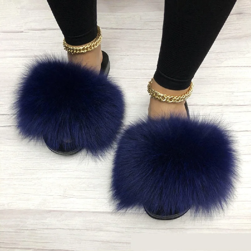 Women's Blue Summer Sexy Slides Fox Big Fur Fluffy House Slippers