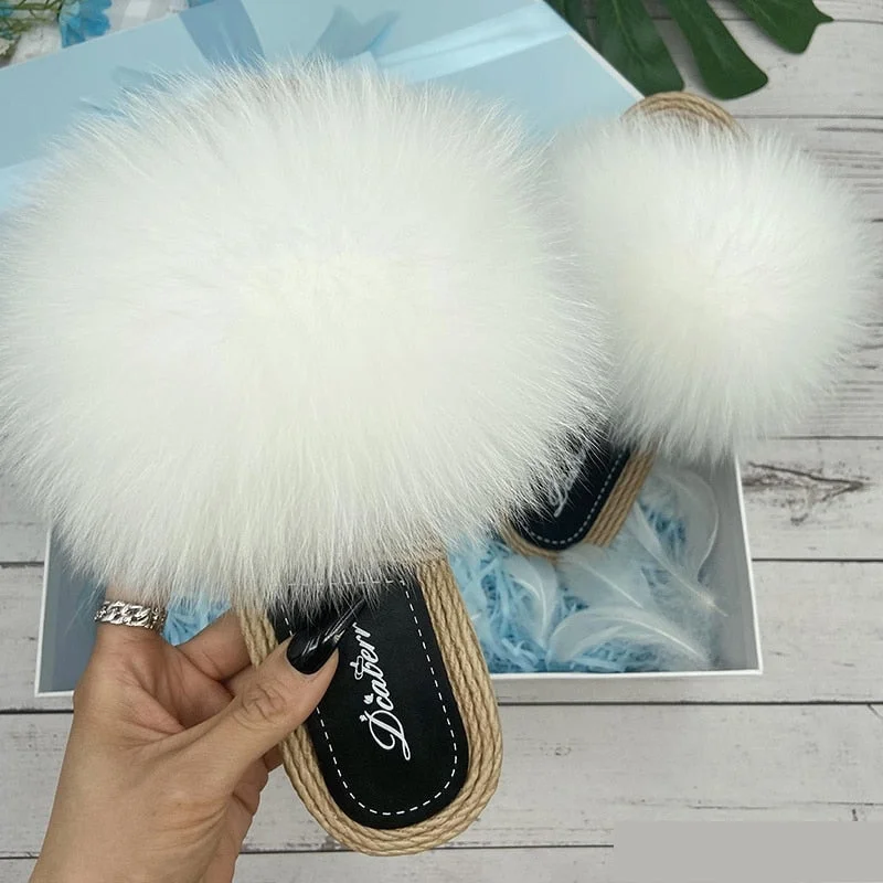 Women's Designer Natural Raccoon Fur Flip Flop Straw House Slippers