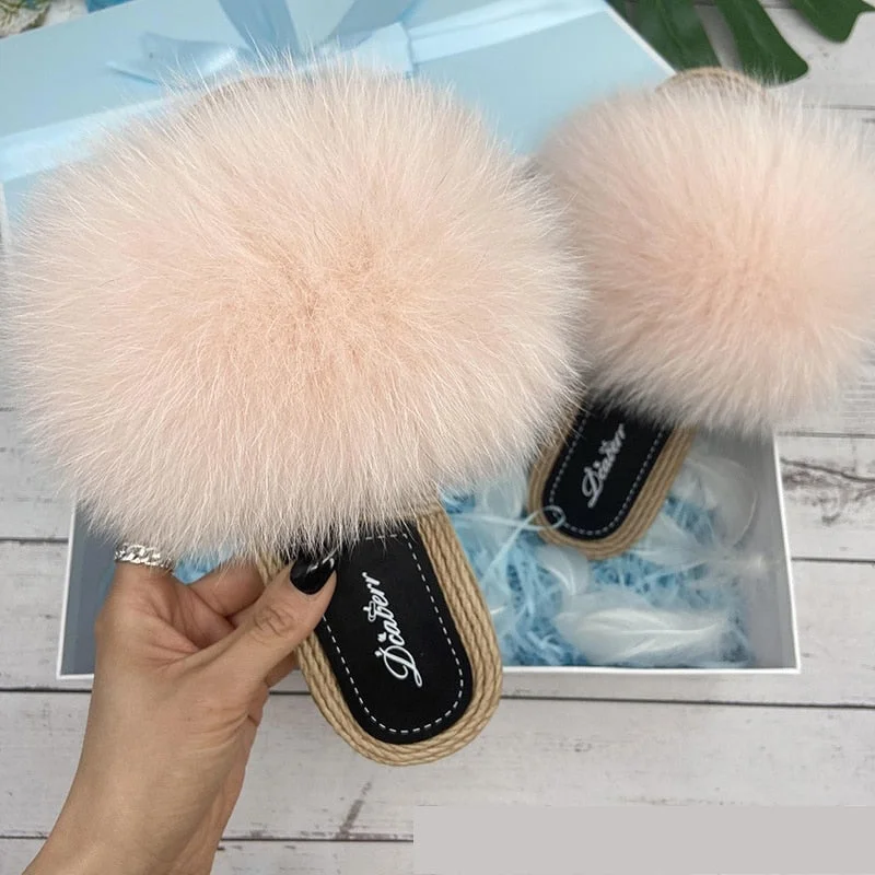 Women's Fluffy Fashion Natural Fox Fur Flat Flip Flop Straw House Slippers