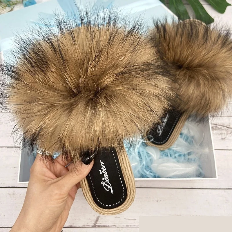 Women's Fluffy Natural Raccoon Fur Flat Flip Flop Straw House Slippers