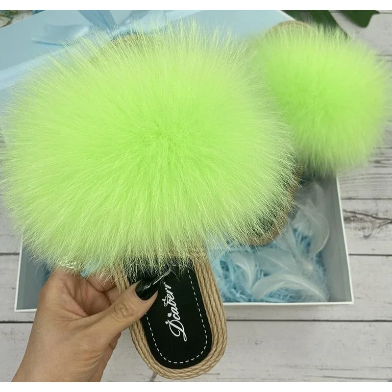 Women's Fluorescent Green Real Fur Synthetic Straw Fluffy Flat Slippers