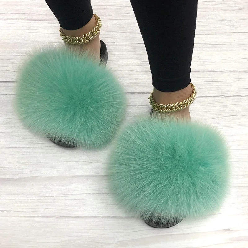 Women's Mint Green Summer Big Fluffy Real Fox Fur House Slippers