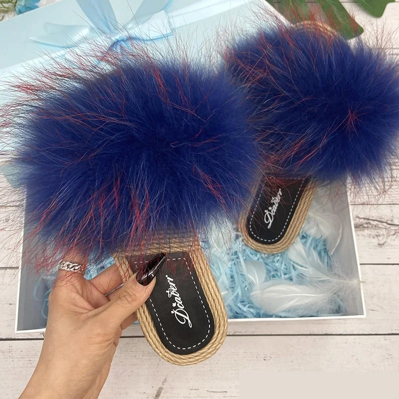 Women's Raccoon Natural Fox Fur Flat Beach Slides Flip Flop Straw Slippers