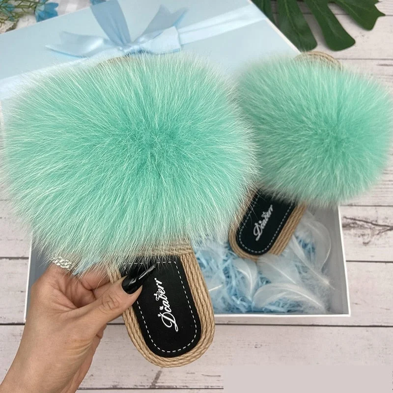 Women's Raccoon Natural Fox Synthetic Fur Flats Flip Flop House Slippers