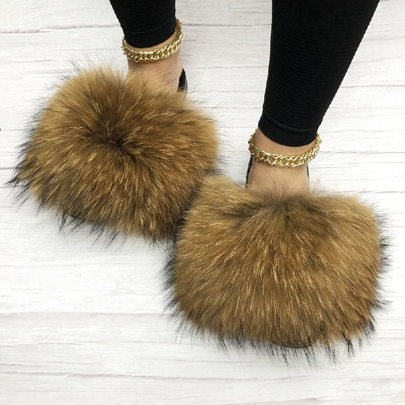 Women's Raccoon Summer Big Fluffy Real Fox Fur House Slippers