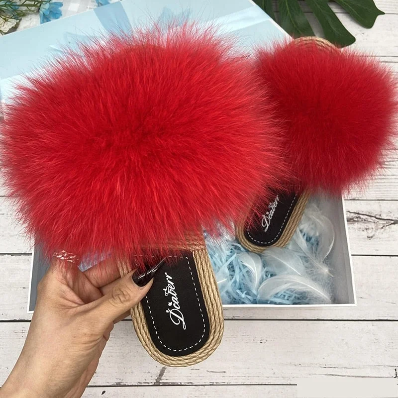 Women's Red Natural Fox Fur Flip Flop Flat Straw House Slippers