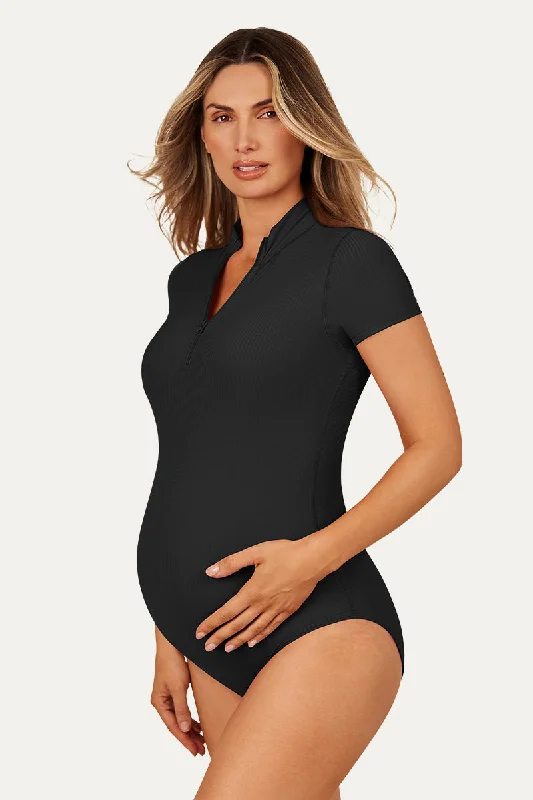 Women's Ribbed Maternity Zipper Bodysuit With Short Sleeve