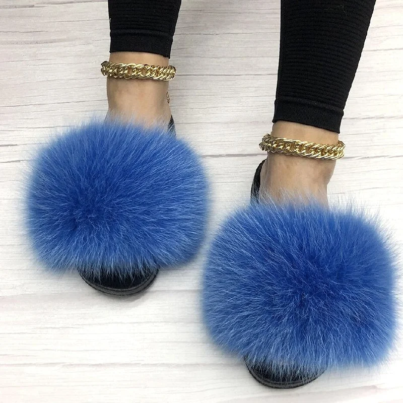 Women's Royal Blue Summer Big Fluffy Real Fox Fur House Slippers