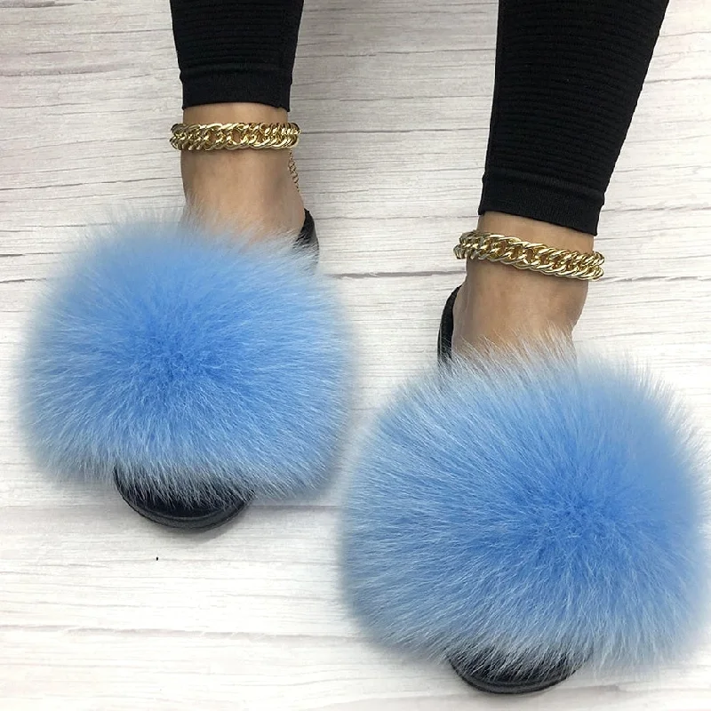 Women's Sky Blue Big Fluffy Real Fox Fur Flip Flops House Slippers