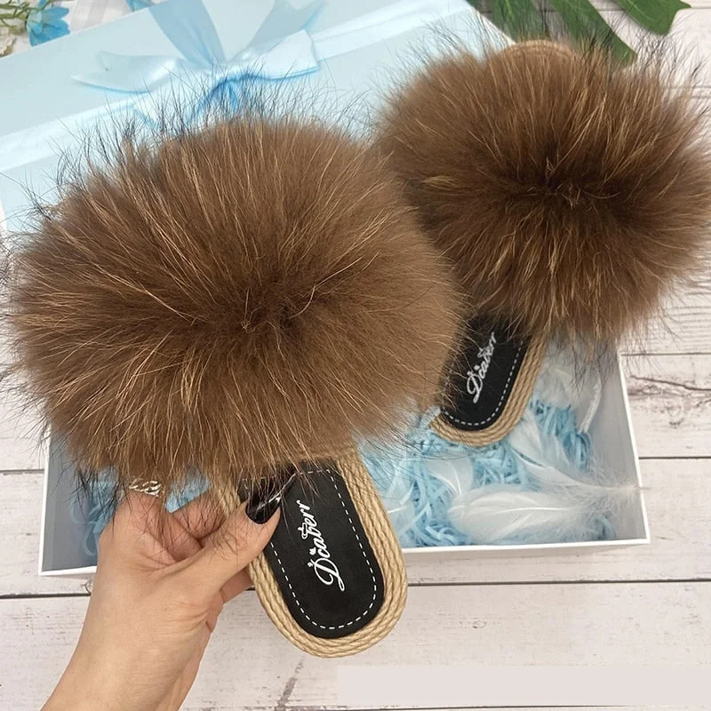 Women's Summer Natural Raccoon Fur Slides synthetic Straw Flip Flop Slippers