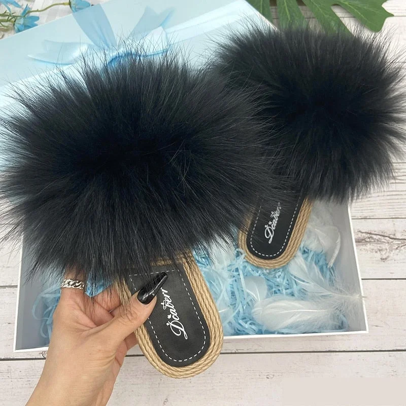 Women's Summer Raccoon Fluffy Fur Flip Flop Sandals House Slippers