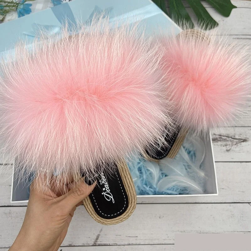 Women's Summer Real Fur Luxury Fluffy Flip Flop House Slippers