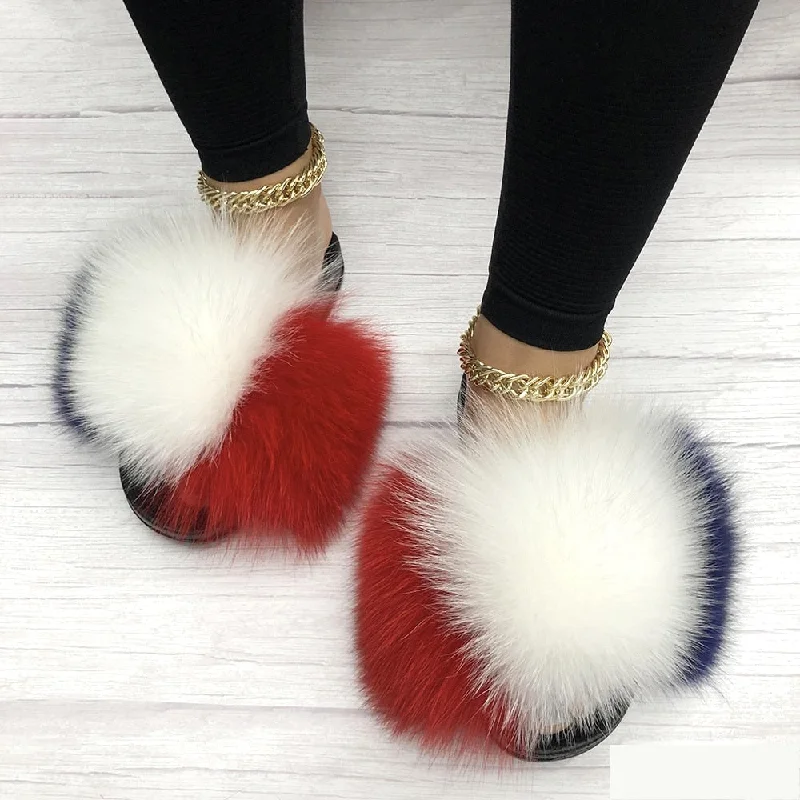 Women's Summer Sexy Slides Fox Big 2 Fur Fluffy House Slippers