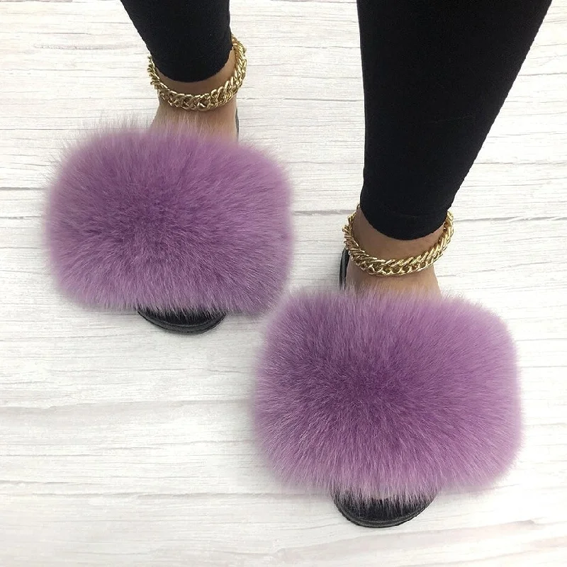 Women's Taro Purple Summer Big Fluffy Real Fox Fur House Slippers