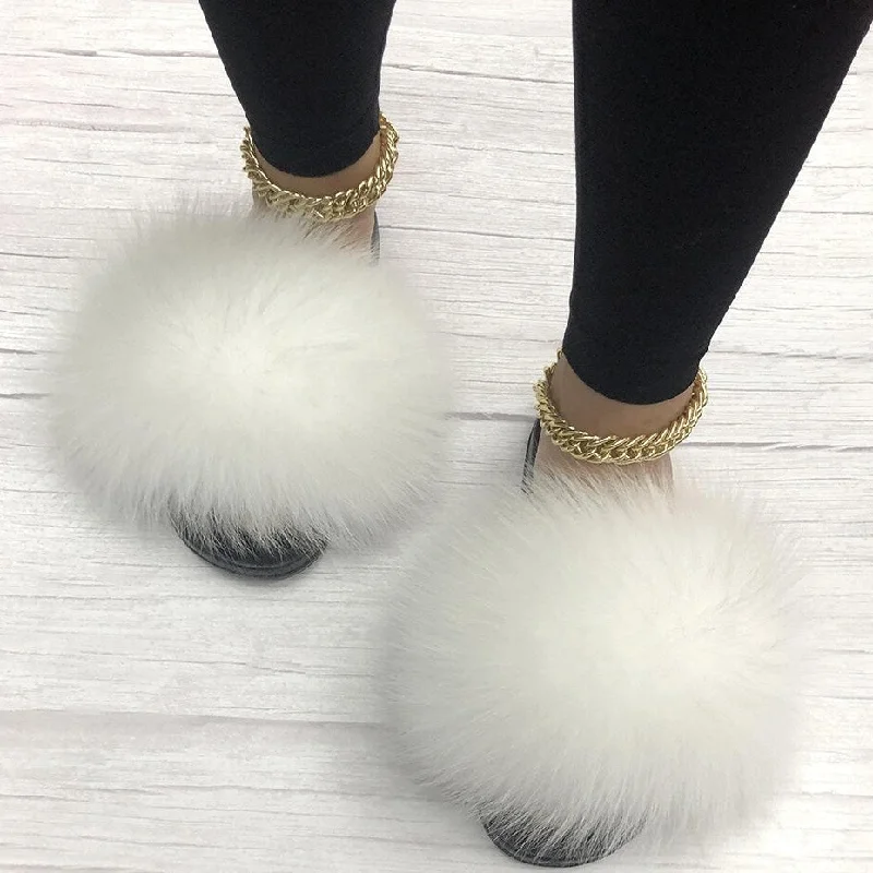 Women's White Summer Big Fluffy Real Fox Fur Flip Flops House Slippers