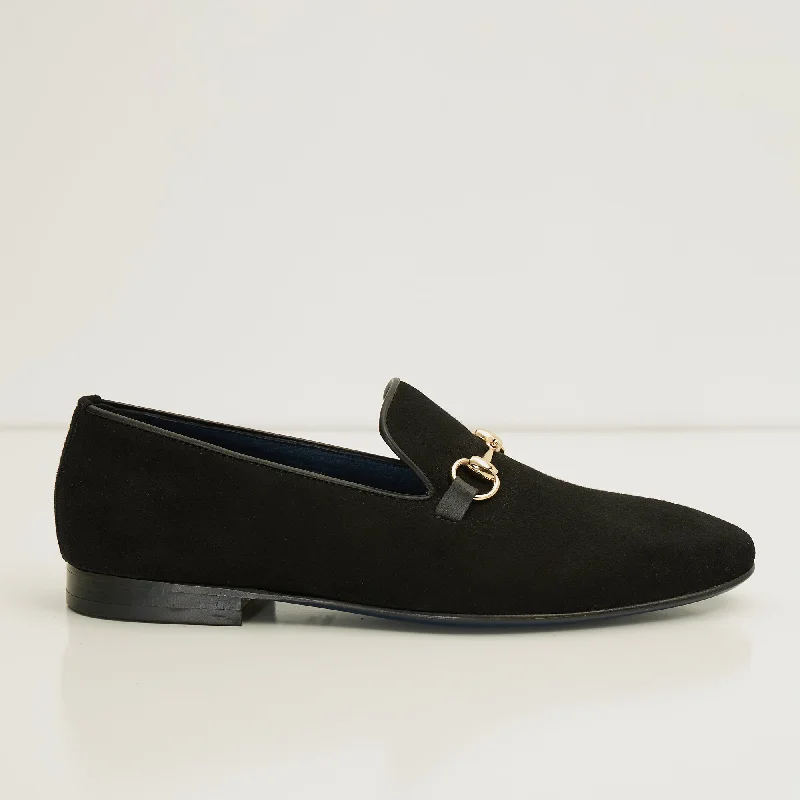 Suede Leather And Gold Metal Bit Loafer - Black