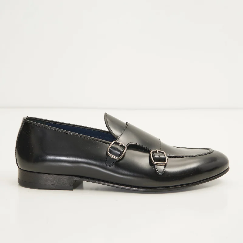 Leather Double Monk Strap Shoes - Black