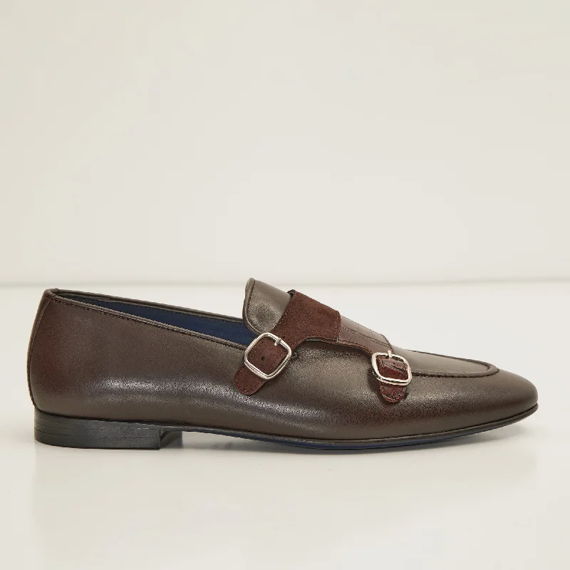 Leather Double Monk Strap Shoes - Brown