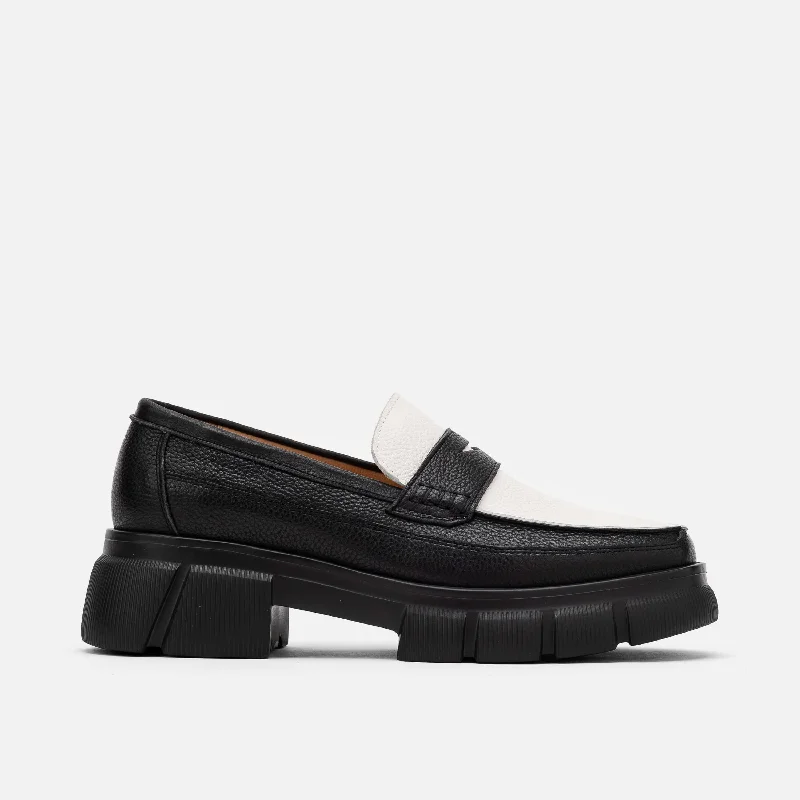 Ms. Calum Black/White Pebble Leather Lug Penny Loafers