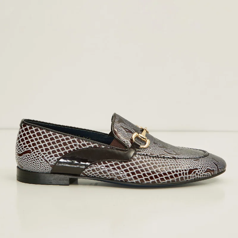 Snake Embossed Leather And Gold Metal Bit Loafer - Brown Beige