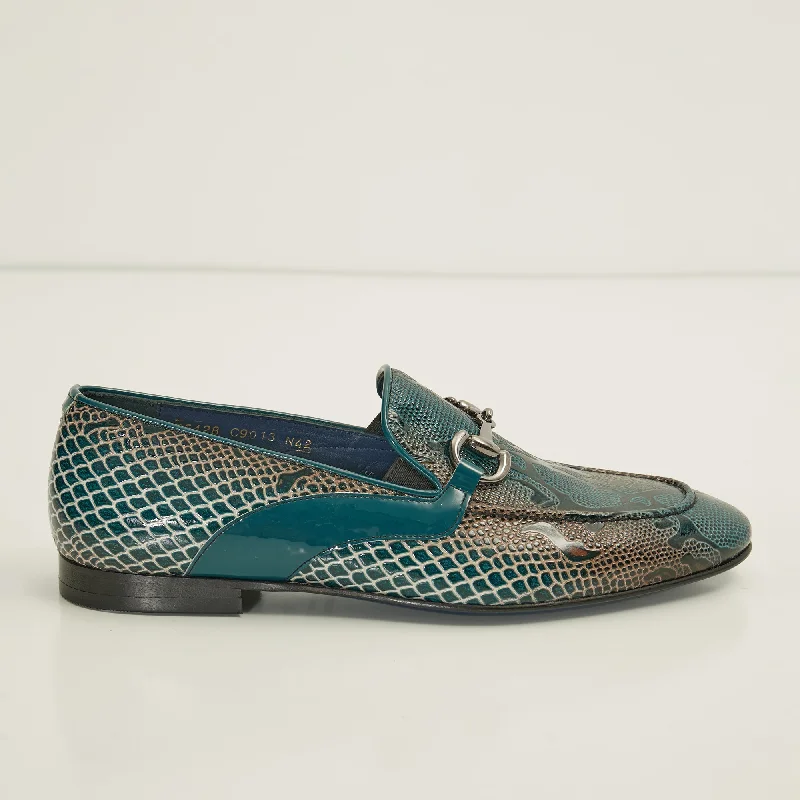 Snake Embossed Leather And Silver Metal Bit Loafer  - Green Beige