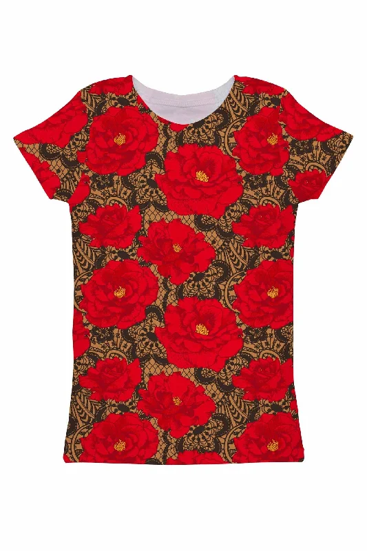 Hot Tango Zoe Red Floral Print Fancy Designer Tee - Women