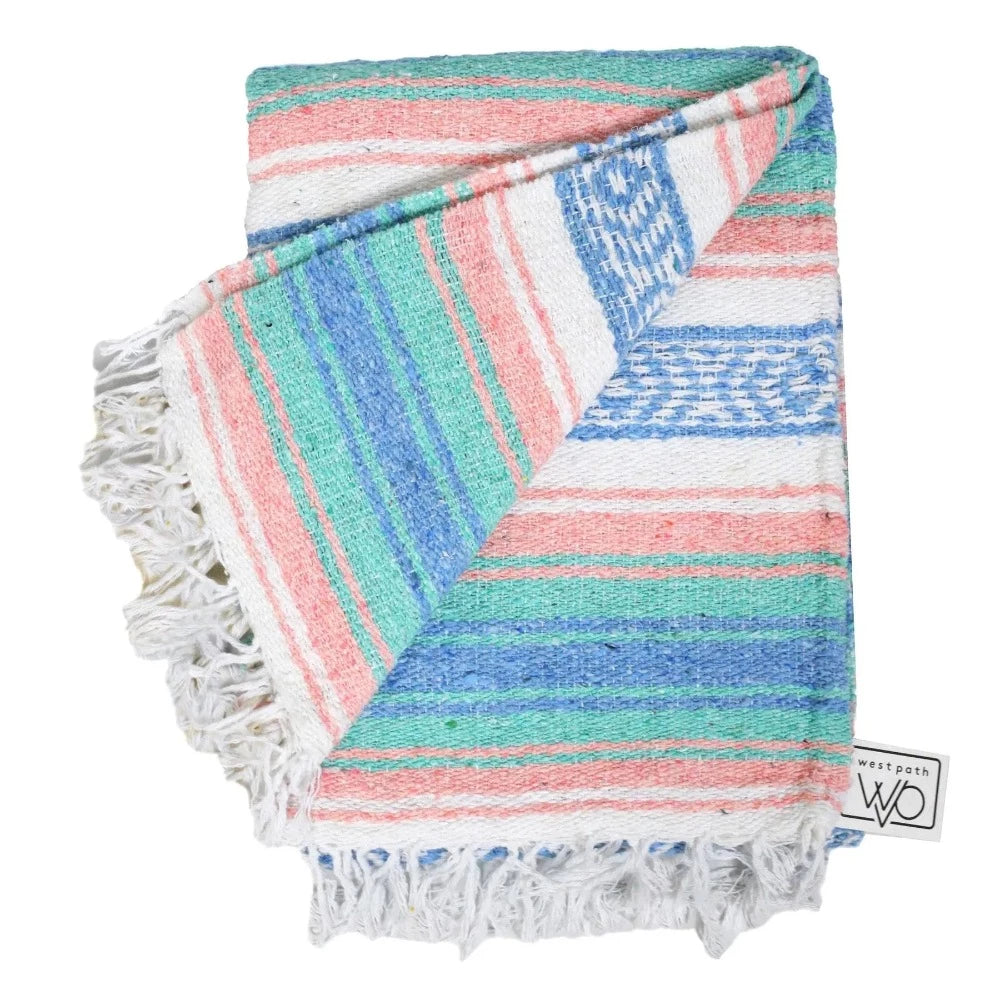 Mint, Blue & Coral Peach Mexican Falsa Blanket