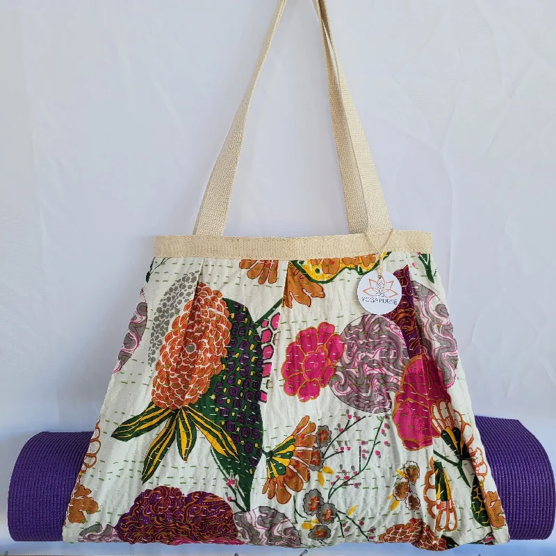 Yoga Mat Carrier | Kantha Quilt | White with Flowers