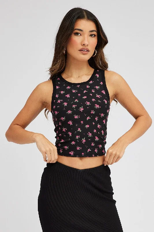 Black Floral Mesh Tank Sleeveless