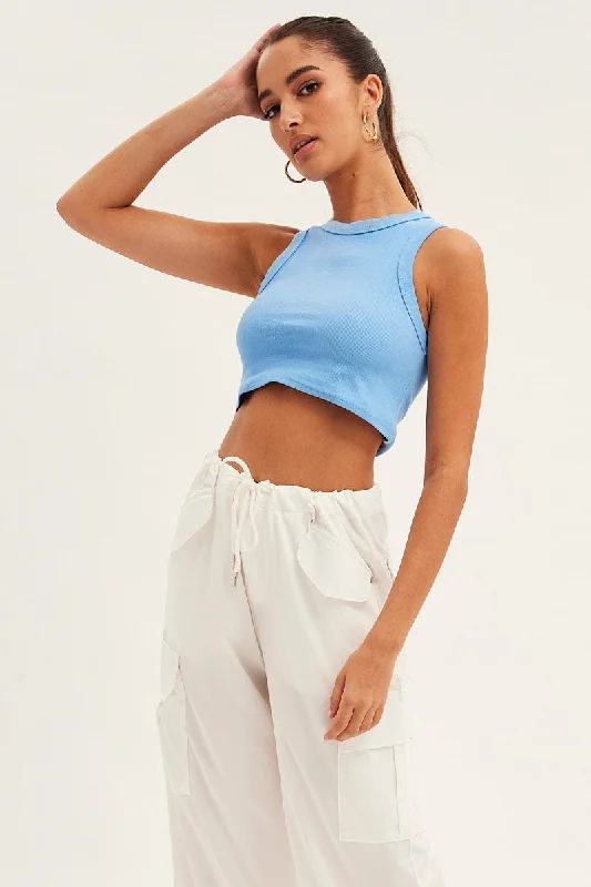 Blue Tank Top Sleeveless Crew Neck