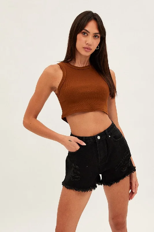 Brown Tank Top Sleeveless Crew Neck