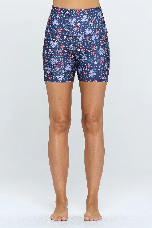 Mia Shorts - Navy Purple Flower w Pockets 5" (High-Waist) - LIMITED EDITION