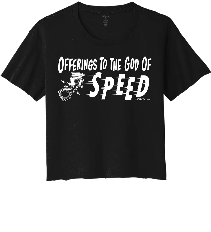 women's t-shirts short sleeve -OFFERINGS TO THE GOD OF SPEED Women's Crop Top Tee - BLACK