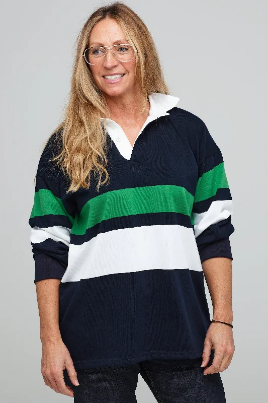 Chest Stripe Rugby Shirt - Navy/Ecru/Bottle Green