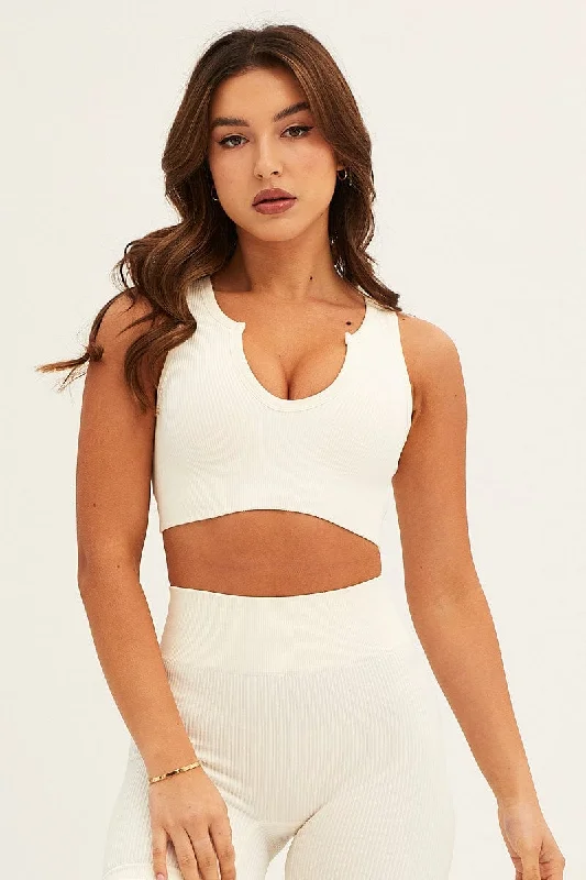 White Seamless Activewear V Neck Singlet Top