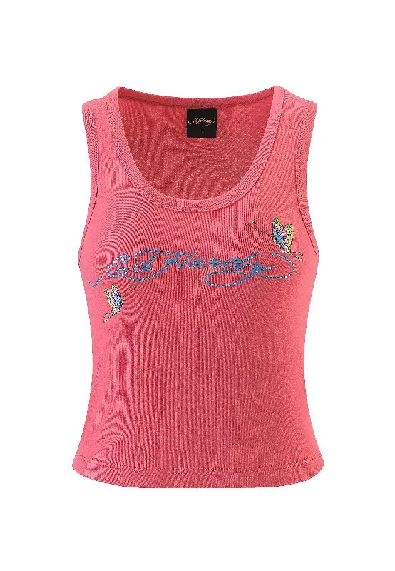 Womens Butterfly Party Rhinestone Cropped Vest Top - Pink