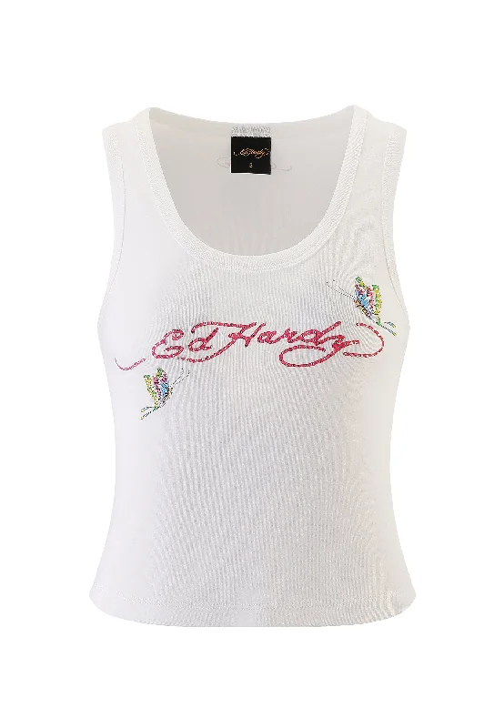 Womens Butterfly Party Rhinestone Cropped Vest Top - White