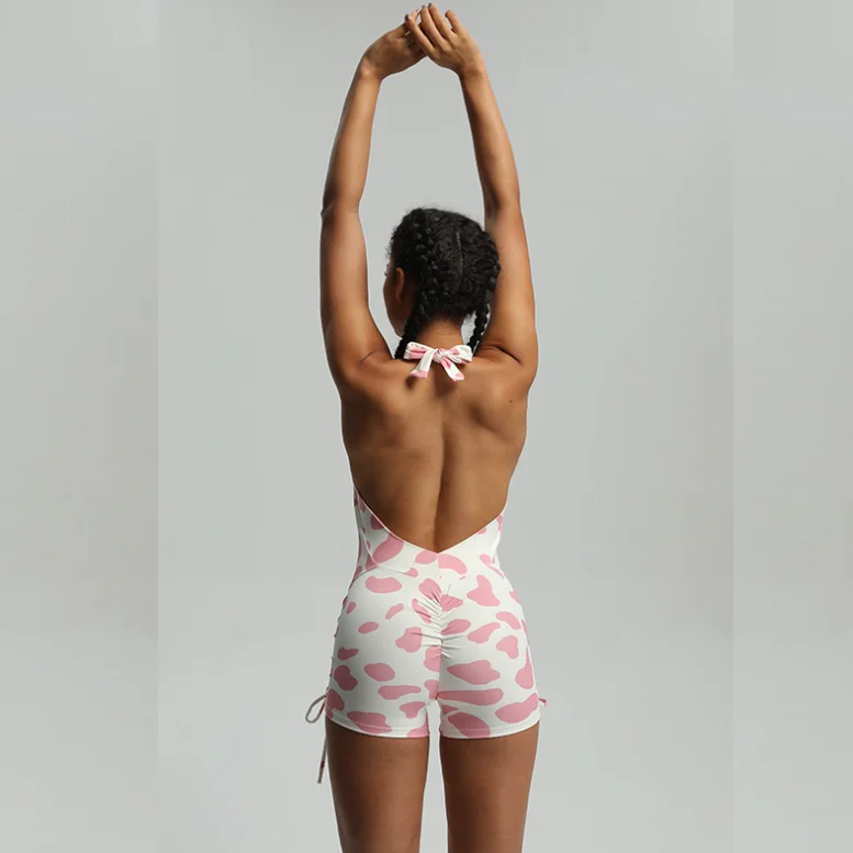 Cow print bodysuit women's bodysuit shorts Sexy backless yoga suit