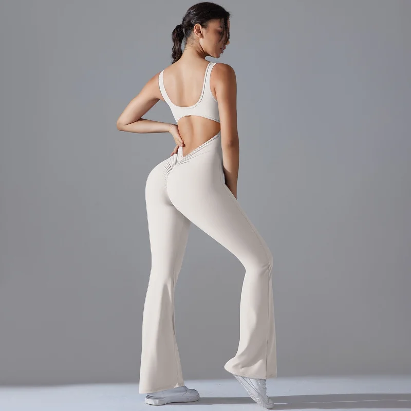 Solid color back lift hip long slim-fit wide leg jumpsuit