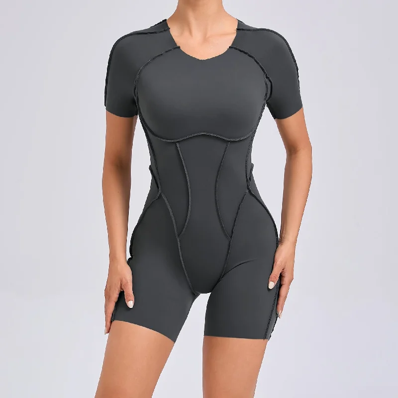 Stretch tight short sleeved exposed exercise one-piece yoga wear