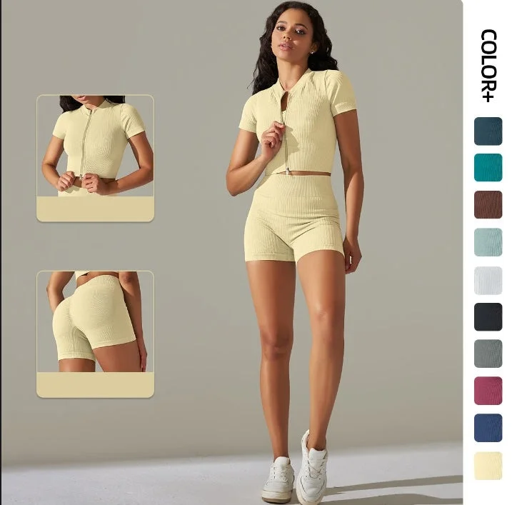 Thread zipper T-shirt short sleeve yoga shorts set 10 colors