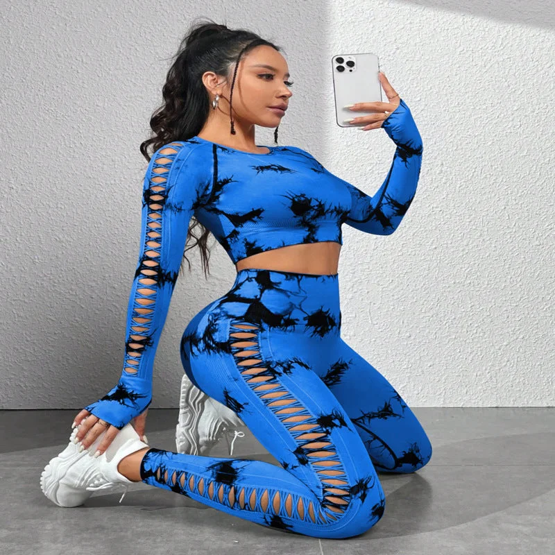 Tie-dye cutout seamless yoga long sleeve pants fitness suit 3colors