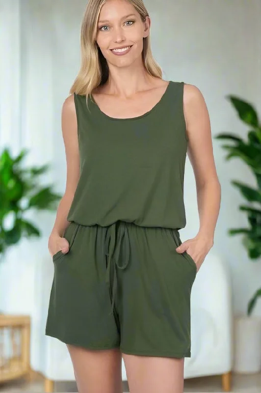 Womens Green Shorts Romper, Summer Tank Top Jumpsuit, Sizes S/M/L/XL, Olive Green