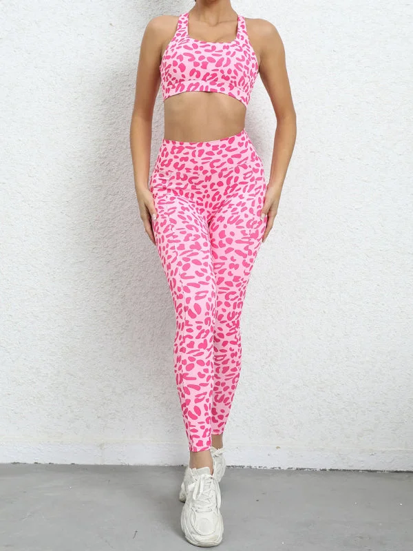 Women's Leopard Print Compression Racerback Crop Top And High-waist Pants