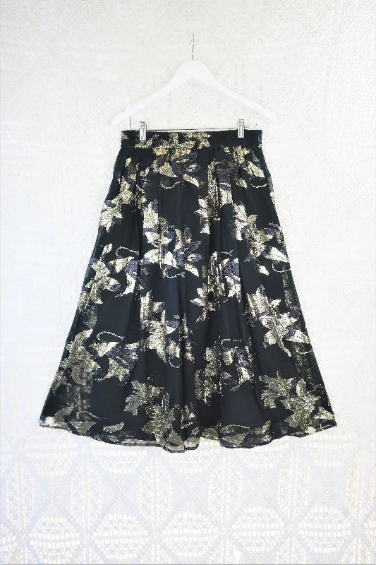 80's Vintage - Floral Metallic Embellished Skirt - Black & Gold - S