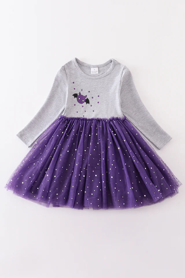 Abby & Evie Purple Halloween bat applique tutu dress