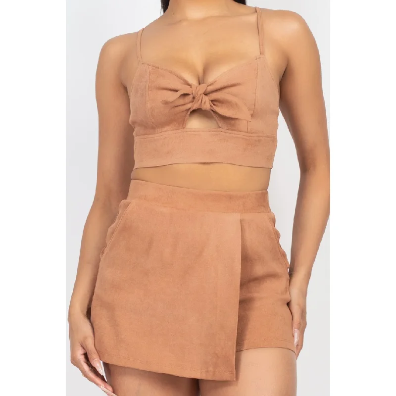 Faux Suede Crop Top and Skort Set - Cognac