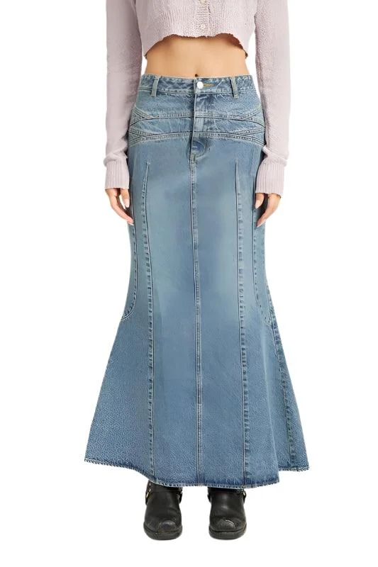 Womens Denim Blue Fluted Mermaid Denim Jean Skirt