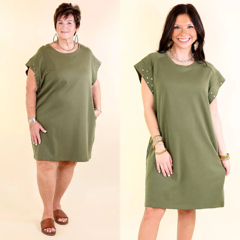 Graceful Glimpse Dress with Gold Stud Detail in Olive Green