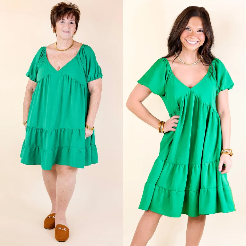 Graceful Journey Short Balloon Sleeve Dress in Green